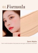 Advertisement for a semi-matte foundation with a close-up of a person's face and a swatch of the product.