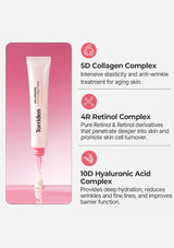 Cosmetic tube with 5D Collagen Complex, 4R Retinol Complex, and 10D Hyaluronic Acid Complex text on a white background