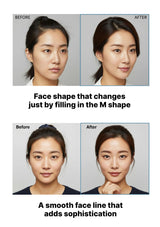 Before and after comparison of a woman's face with text describing the effect of filling in the M shape.