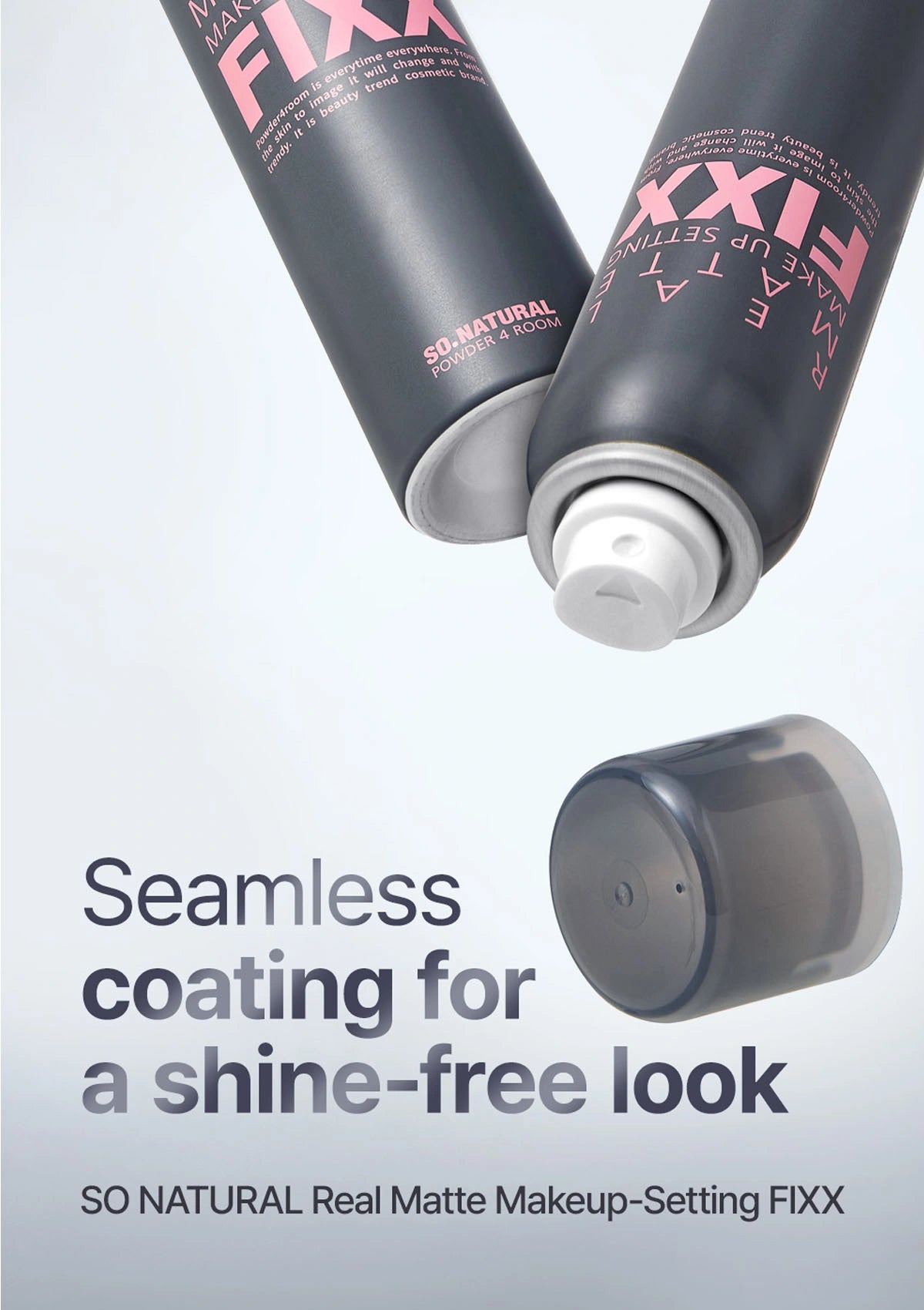 Two tubes of SO NATURAL Real Matte Makeup-Setting FIXX on a light gray background with text about a shine-free look.