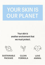 Environmental message about skin care and sustainability with icons for sustainable package, clean formula, and love animal.