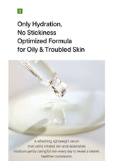 Skincare serum with dropper on a blurred background, text about hydration and skin care.