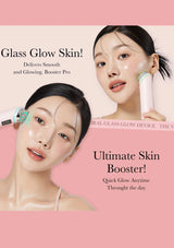 Two women using a facial device with text about 'Glass Glow Skin' and 'Ultimate Skin Booster' on a pink background.
