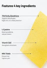 A yellow skincare sponge on a white background with text callouts listing key ingredients: 75% purity glutathione, L-cysteine, vitamin C&E, and milk thistle.