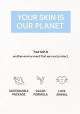 Sustainable beauty brand message with icons for sustainable package, clean formula, and animal love on a white background.