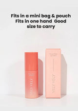Vely Vely lip gloss and packaging on a white background with text about size and portability.