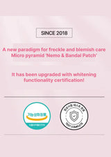 Advertisement for 'Nemo & Bandal Patch' freckle and blemish care product with certification logos on a pink background.