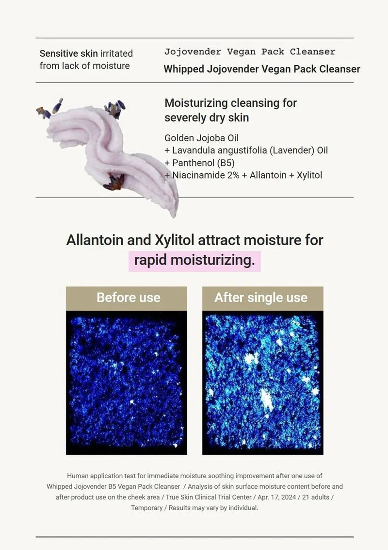 Jojovender Vegan Pack Cleanser with product details and before/after moisture content test results.
