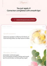 Product advertisement with text about lip correction and certification on a white background