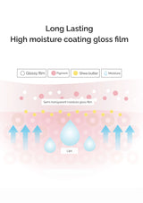 Diagram of a high moisture coating gloss film with labels and icons on a light pink background.