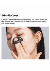 Person wearing a black skin-fit cover on their nose with text about the product's features.