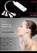 Beauty device with text about V-Care elasticity program and a woman's face.