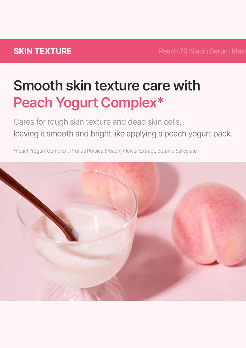 Advertisement for peach yogurt complex with a glass of peach yogurt and peaches on a pink background.