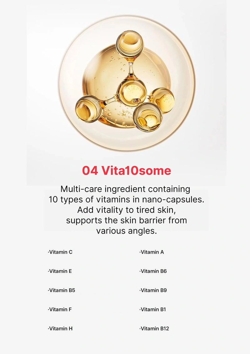 Vita10some multi-care ingredient with vitamins in nano-capsules on a white background