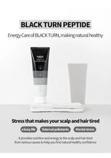 Black turn peptide product on a white background with text about scalp and hair care.