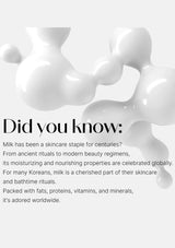 Text about milk's skincare benefits with abstract white shapes on a light gray background
