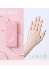 Slight nail patch packaging with a hand displaying a patch on a pink and white background