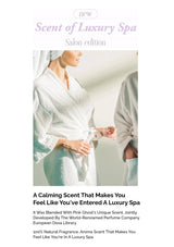 Two people in white robes with text about a luxury spa scent.