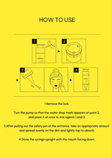 Instructions on how to use a product with illustrations and text on a yellow background