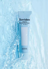 Torriden moisture sun cream bottle with water splash background