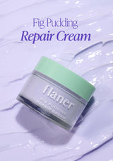 Flaner Fig Pudding Repair Cream jar on a light purple textured background