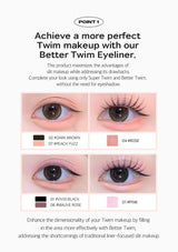 Advertisement for Better Twin Eyeliner with eye makeup examples and color options.