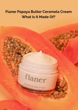 Flaner Papaya Butter Ceramela Cream with papaya fruit and seeds on a bright orange background
