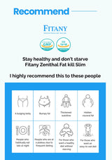 Advertisement for Fitany Zenithal Fat Kill Slim product with icons and text on a white background.