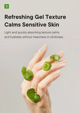 Hand with green gel patches on fingers against a gray background, promoting a refreshing gel texture for sensitive skin.