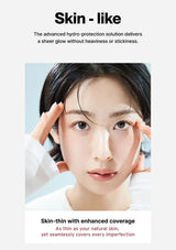 Person touching their face with a focus on skin texture, text about advanced hydro-protection solution.