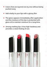 Lipstick applicators with red caps on a white background, featuring text about lip gloss properties.
