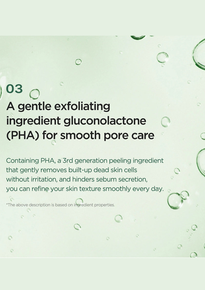 Text about gluconolactone (PHA) for smooth pore care on a green background with bubbles.
