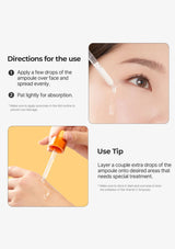 Instructions for using a skincare product with an ampoule and dropper.
