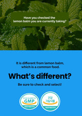 Lemon balm leaves with text asking about the lemon balm being taken and GMP certification logos.