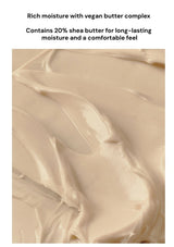 Close-up of a creamy texture with text about rich moisture and vegan butter complex.