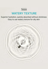 Product packaging with water droplet texture and text about hydration and texture
