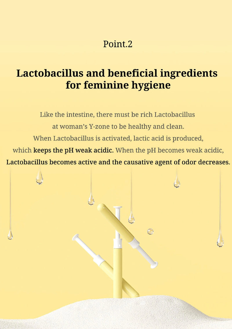 Text on Lactobacillus and beneficial ingredients for feminine hygiene with a yellow background.