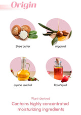 Illustration of shea butter, argan oil, jojoba seed oil, and rosehip oil with text on a white background.