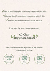 Promotional text for AC Clear Magic Cica Cream with customer reviews on a light background