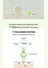 Diagram of T-TECA drop system with text about intense skin treatment and calming ingredients.