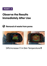 Product before and after use showing waste removal from pores and skin temperature increase.
