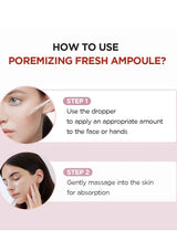 Instructions on how to use poremizing fresh ampoule with step-by-step guide on a pink background.