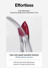 Lipstick with a blurred background and text about 'Peak Odd' blender.