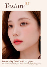 Close-up of a person's face with text about skincare texture