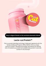 Pink protein supplement container with 'Lacto-Cut Protein' branding on a pink background.