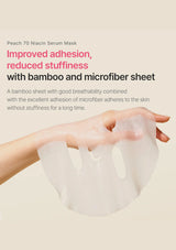 Peach 70 Niacin Serum Mask with text on improved adhesion and reduced stuffiness