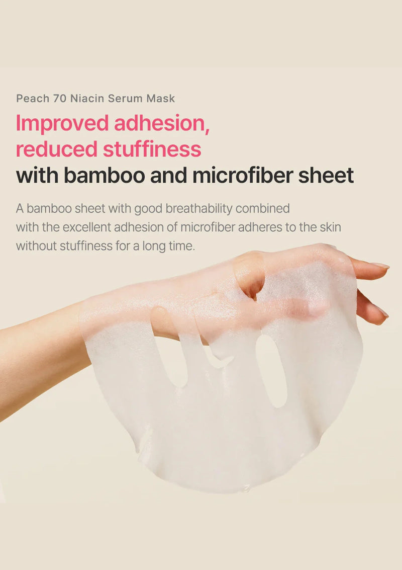 Peach 70 Niacin Serum Mask with text on improved adhesion and reduced stuffiness