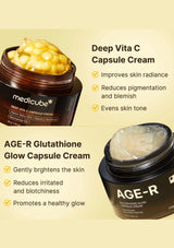 Two skincare cream containers with text highlighting their benefits on a beige background