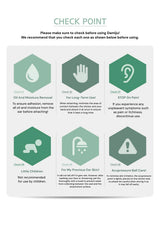 Checkpoints for using Damjuf product with green hexagonal icons and text.
