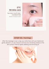 Cosmetic product application on face with text about ETC Wrinkle care and step-by-step instructions.
